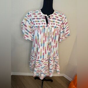 Entro striped, tiered babydoll dress with a smocked bodice and puff sleeves. L